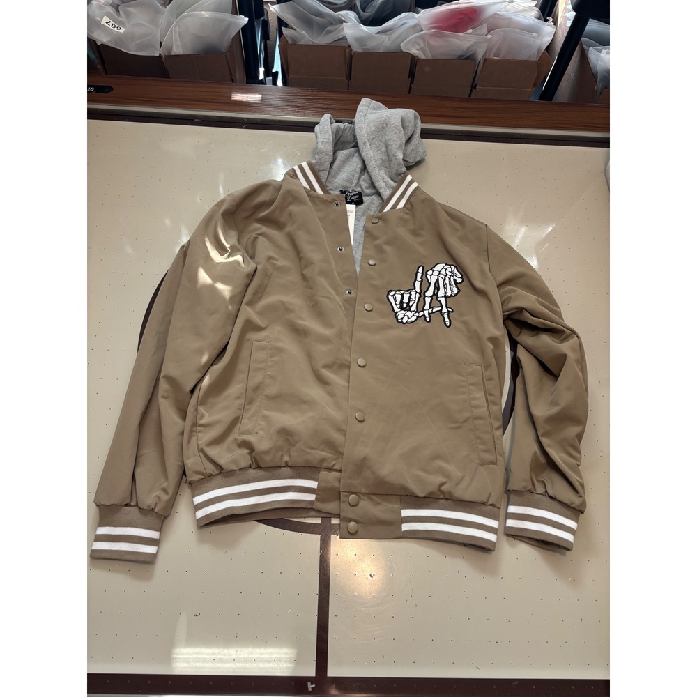 Original Deluxe Supply Mens LA Skeleton Hand Hooded Varsity Jacket Tan HK81538M